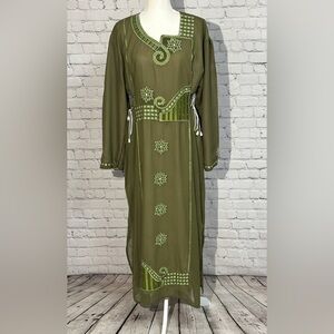 Olive Green Embroidered Long Sleeve Maxi Dress/Abaya